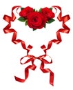 Curled red silk ribbons in a hart shape with rose flowers arrangement for ValentineÃ¢â¬â¢s Day Royalty Free Stock Photo